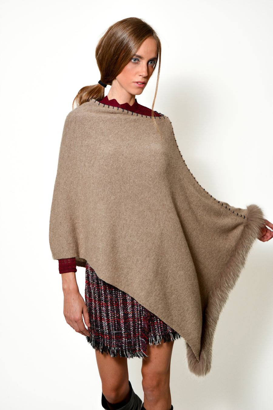 Cashmere Cape with Fox Fur - Brown