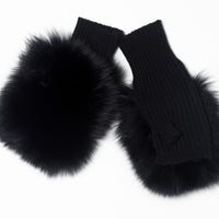 Women's Cashmere Half Gloves with Fur - Black
