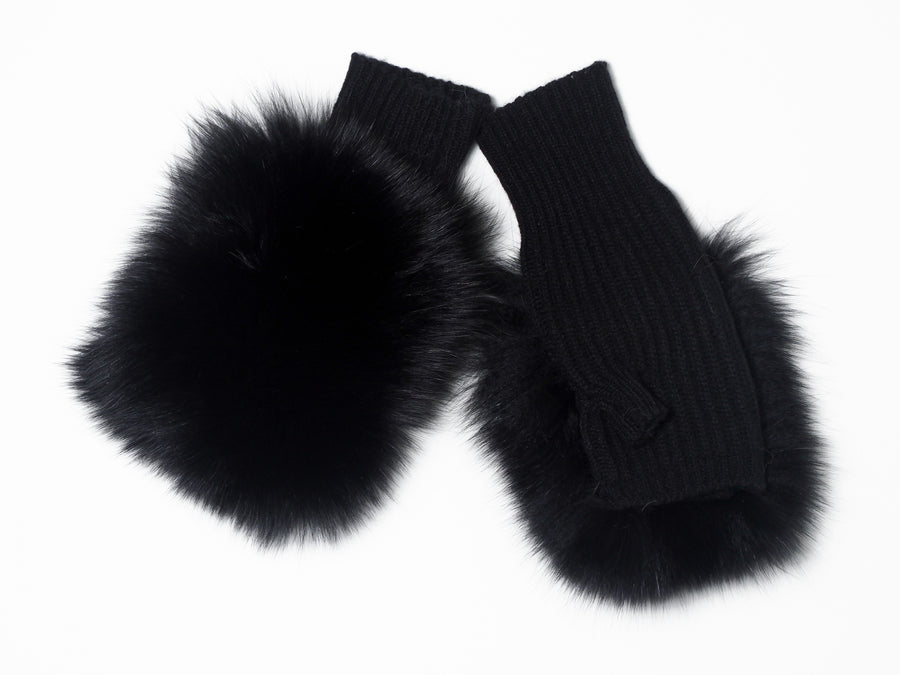 Women's Cashmere Half Gloves with Fur - Black